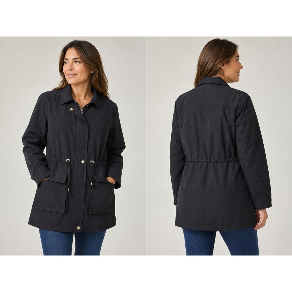 Totes Womens Black Utility Parka Coat Size L Drawstring Waist Long Jacket